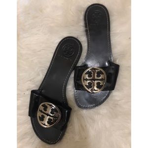 Tory Burch Black Leather Slides with Silver Logo